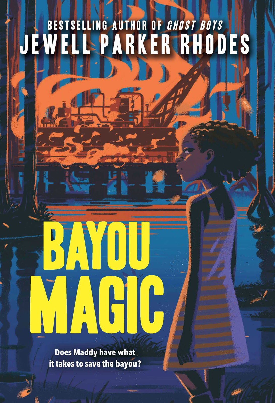 The book cover for Bayou Magic by Jewell Parker Rhodes, featuring a young African American girl looking into the distance at a barge on fire.