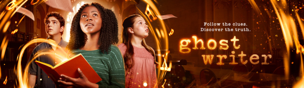 A promotional image for the show 'Ghostwriter' shows middle school aged children looking inquisitively into the air, with gold swirls around them as they look in a book.