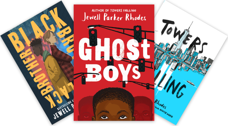 A flatlay of books including Black Brother, Black Brother, Ghost Boys, and Towers Falling
