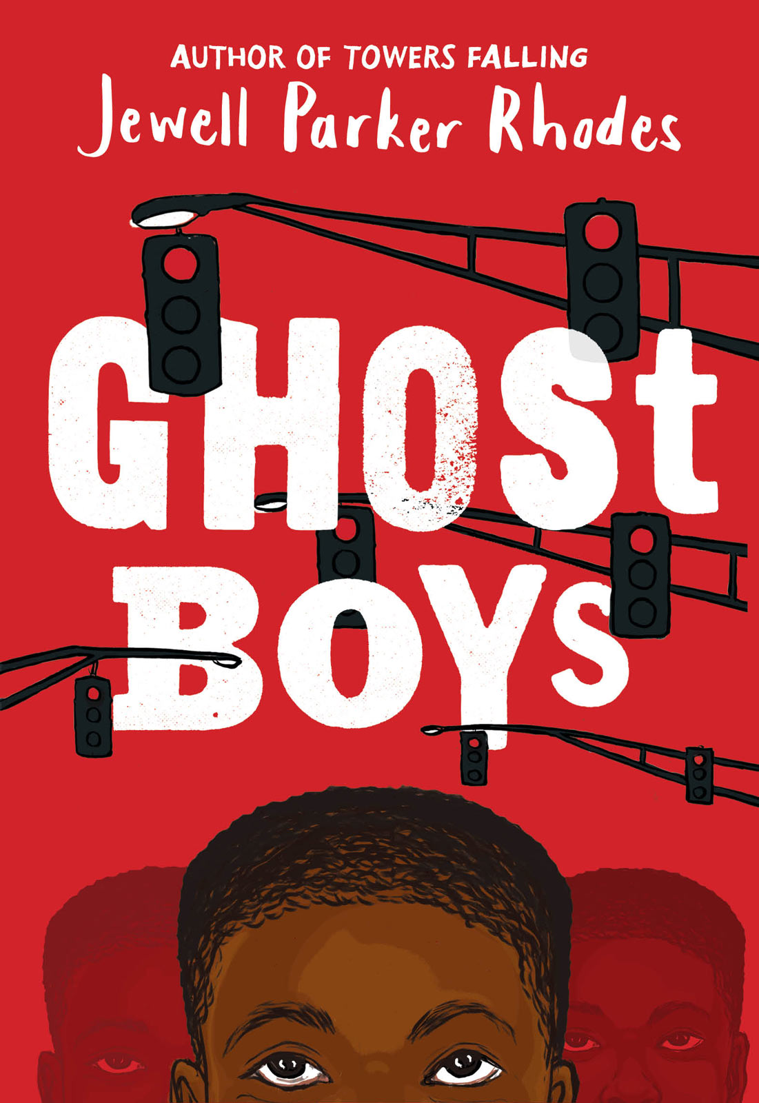 The book cover for Ghost Boys by Jewell Parker Rhodes, which has a red cover with the title "Ghost Boys", traffic lights, and the top of a young African American boy's head with his eyes looking up towards the sky.