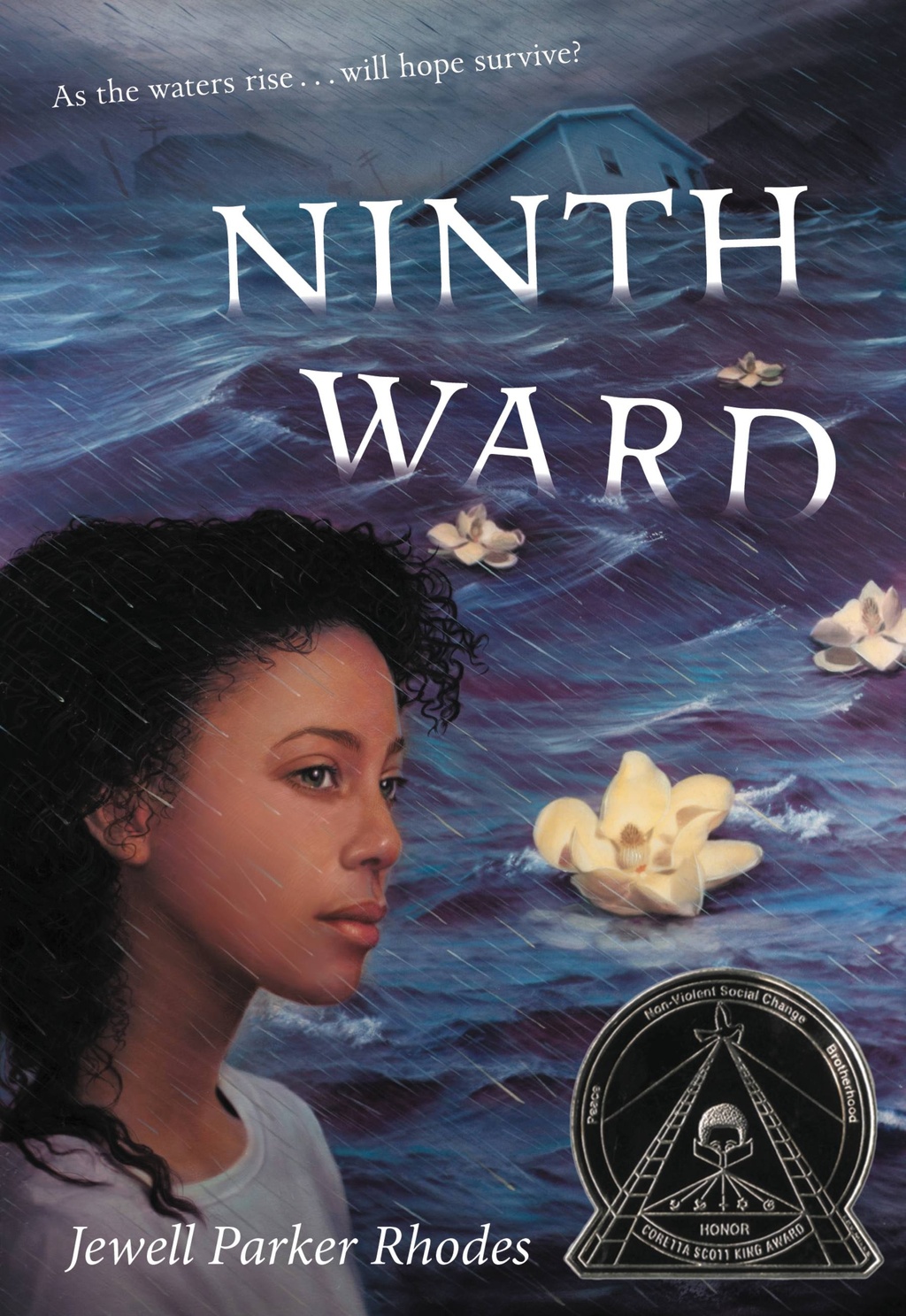 The cover of Ninth Ward by Jewell Parker Rhodes shows a young girl with curly black hair in profile, with flowing water behind her and some white flowers floating