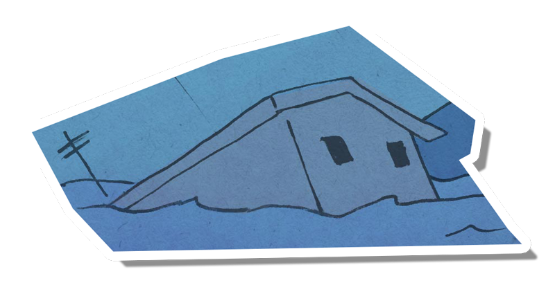 a sticker cutout look of a drawing of a house sticking out of water
