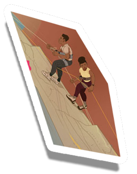 A sticker shaped image of two youth climbing up a mountain