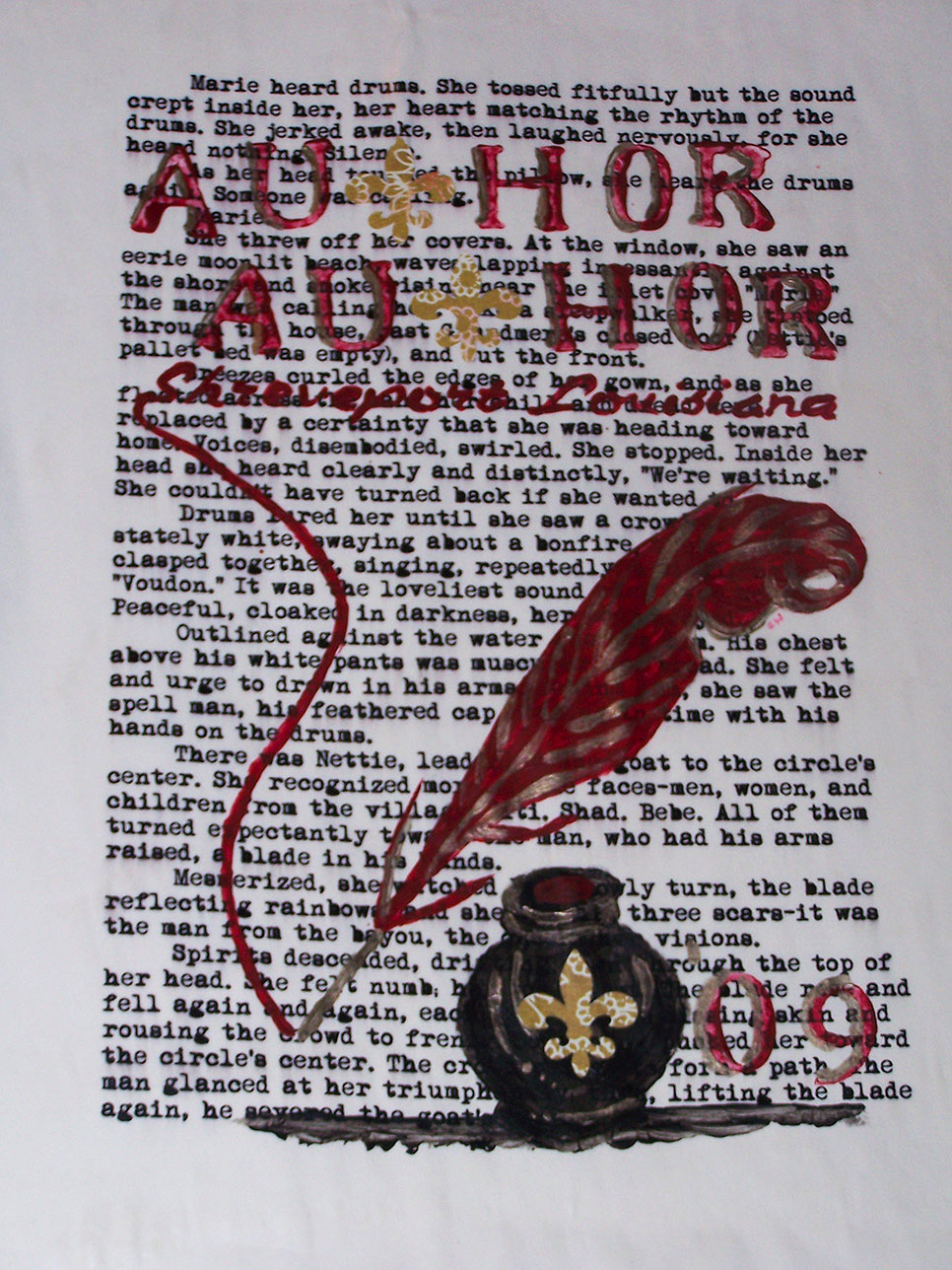 Artwork showing text from Voodoo Dreams printed on paper with a painting of a feather pen over it