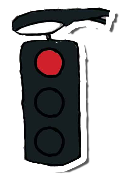 a sticker of a red traffic light hanging by a street light