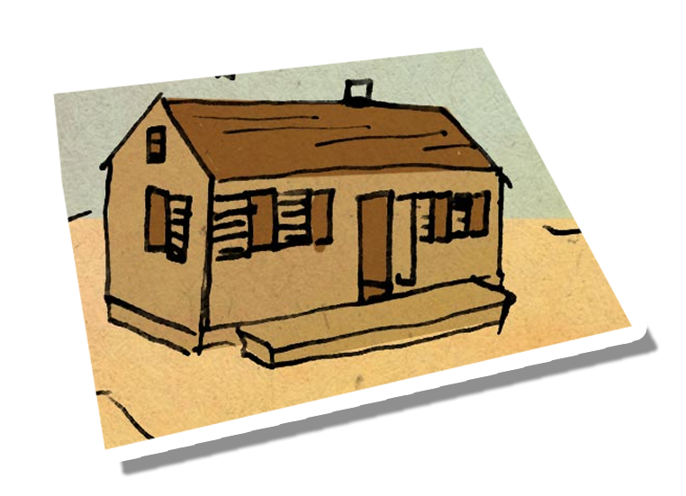 a sticker cutout look of a very small wooden house in a barren land