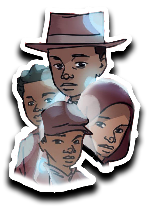 a cutout image that looks like a sticker of 4 young African American boys from different times in history
