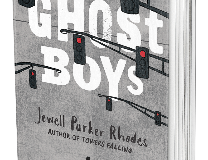 Ghost Boys book cover, shadow of a boy with red lights above