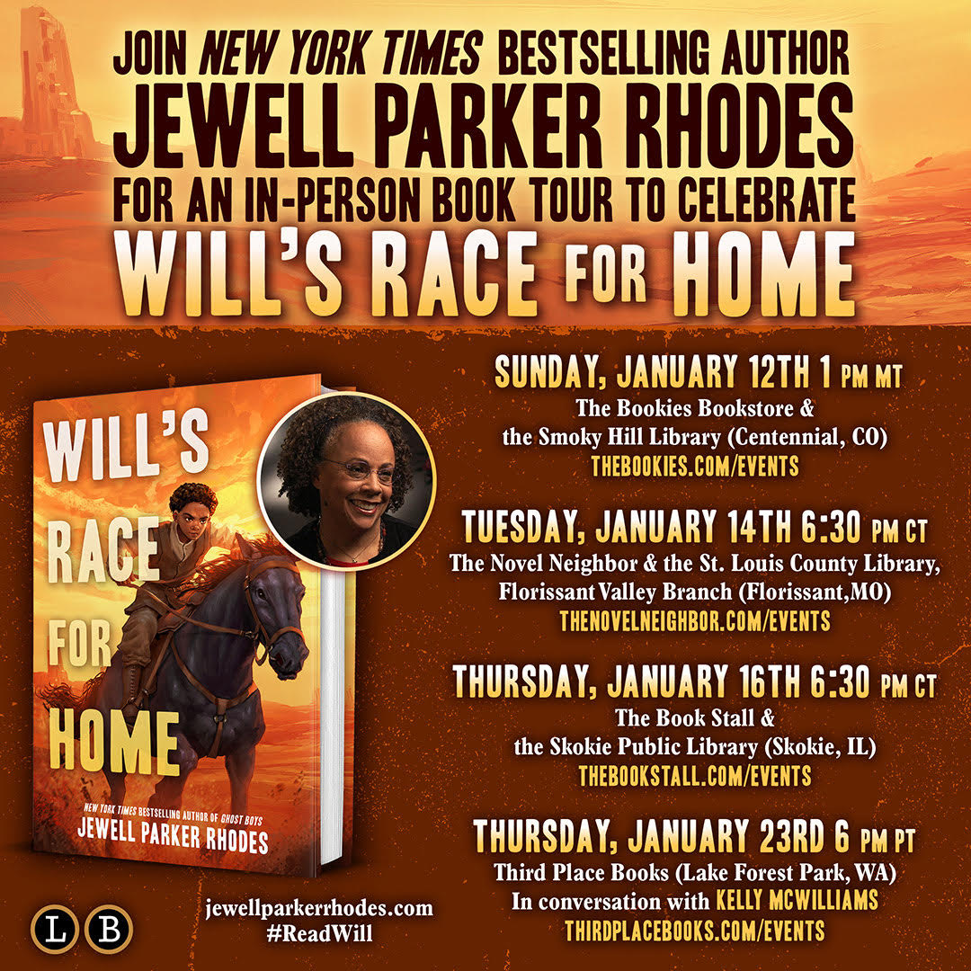 Print flyer for Will's Race for Home Book Tour with Jewell Parker Rhodes