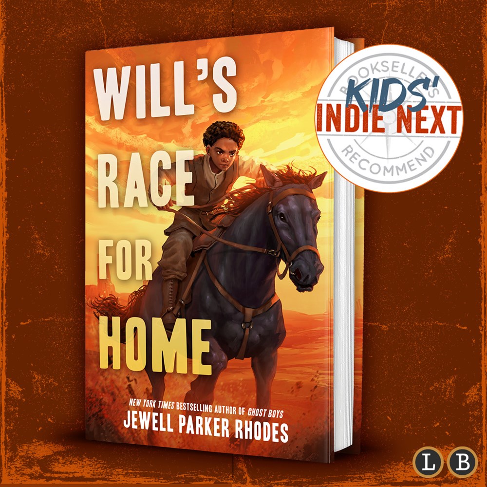 The cover of Will's Race for Home with an IndieNext stamp on it, showing that it was a top reviewed book.