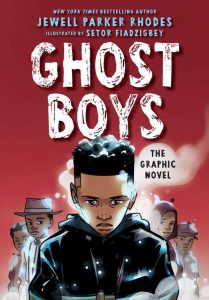 The cover of Ghost Boys graphic novel by Jewell Parker Rhodes. A young black boy stands in the center with ghostly child figures behind him in the background.