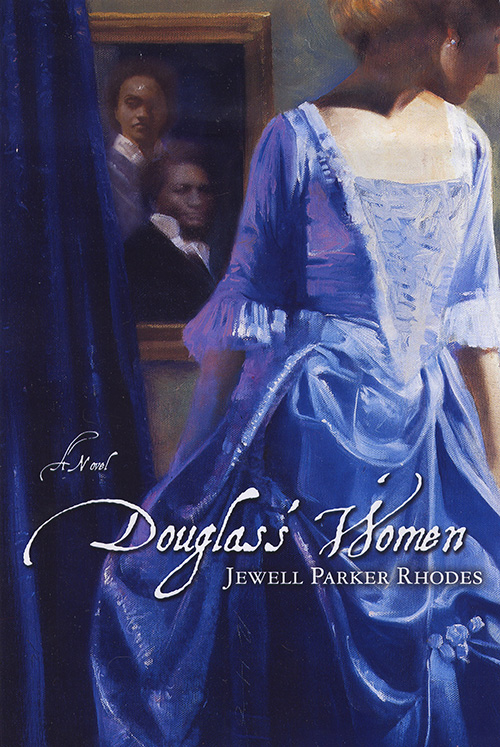 The book cover of Douglas's Women by Jewell Parker Rhodes shows a woman in the foreground in a blue ball gown, with a portrait of two men behind her. They are clothed in 1800s fashion.