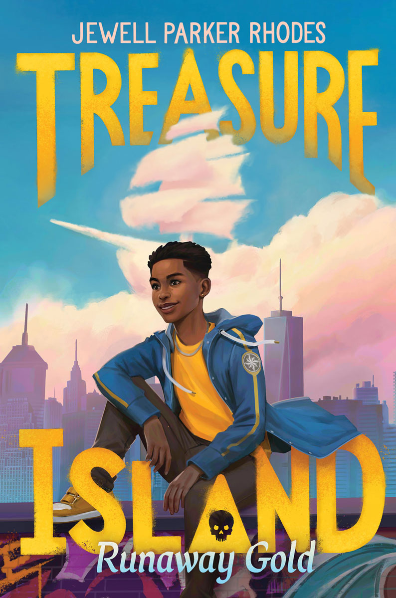 The cover of Treasure Island by Jewell Parker Rhodes features the book title in big gold block letters over a young boy sitting in the foreground with a city silhouette in the background and pink clouds above him forming the shape of a pirate ship.