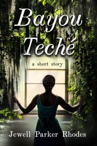 The book cover for Bayou Teche by Jewell Parker Rhodes, shows the silhouette of a woman standing opening a window up, with flora all around the window as if she's outside.