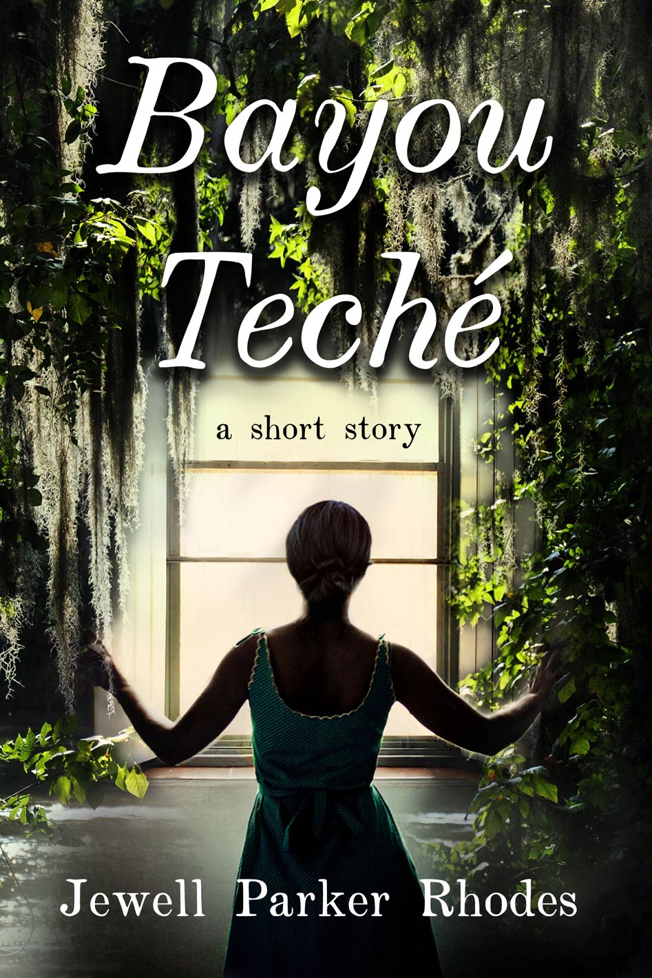 The book cover for Bayou Teche by Jewell Parker Rhodes, shows the silhouette of a woman standing opening a window up, with flora all around the window as if she's outside.