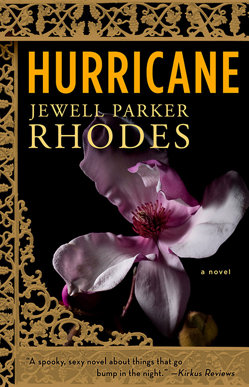 The book cover for Hurricane by Jewell Parker Rhodes, featuring intricate gold detailing border and a purple flower.