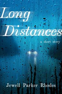 The cover of Long Distances: A Short Story by Jewell Parker Rhodes, shows headlights in a rainy blue scene