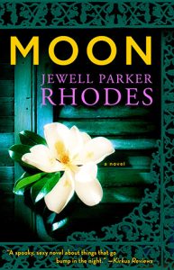 The book cover for Moon by Jewell Parker Rhodes, with a white flower and aqua border details.