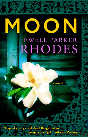 The book cover for Moon by Jewell Parker Rhodes, with a white flower and aqua border details.