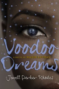 The book cover for Voodoo Dreams by Jewell Parker Rhodes, with a close up of half of an African American woman's face with small purple stars decorating the top half of the book cover
