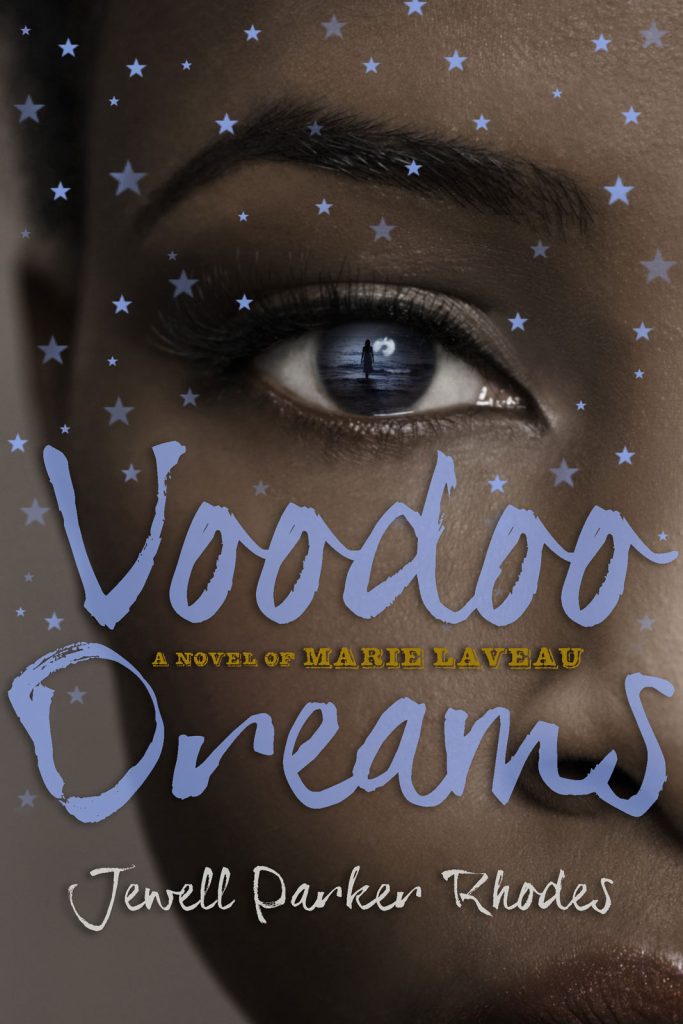 The book cover for Voodoo Dreams by Jewell Parker Rhodes, with a close up of half of an African American woman's face with small purple stars decorating the top half of the book cover