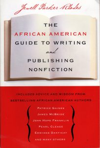 The cover of The African American Guide to Writing & Publishing Nonfiction shows an open book with the title of the book superimposed over it. By Jewell Parker Rhodes.